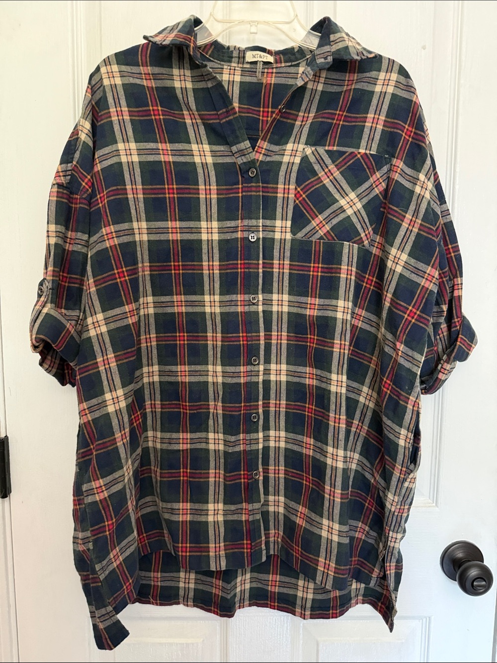 Relaxed Plaid Button-Up Shirt - Navy, Red & Cream